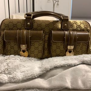 Gucci gold and brown GG canvas and leather Heart Lock Satchel